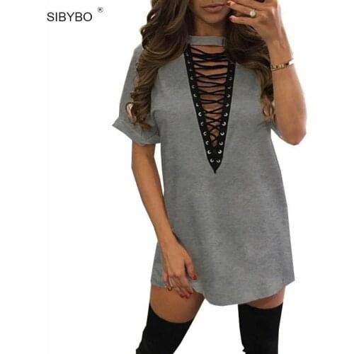 Sibybo Summer T Shirt Dress 2017 Women Deep V Neck Lace Up Sexy Bodycon Bandage