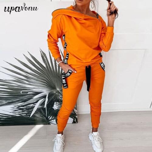 Free Shipping Two Piece Set Women Zipper Hoodied Sweatshirt & woman Pants Ribbon Patchwork Letter Print Tracksuit Women Autumn