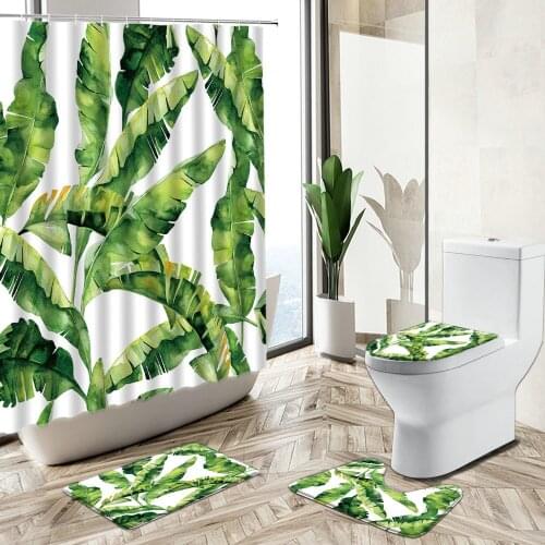 Tropical Banana Leaf Shower Curtains Palm Foliage Plant Flower Summer Jungle Theme Non-Slip Carpet Toilet Cover Bath Mat Sets