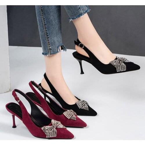 Spring Summer Women Pumps Pointed Toe Sandals Bowtie Bling High Heels Dress Shoes Faux Suede Slingback Sandalias Mujer 9155L