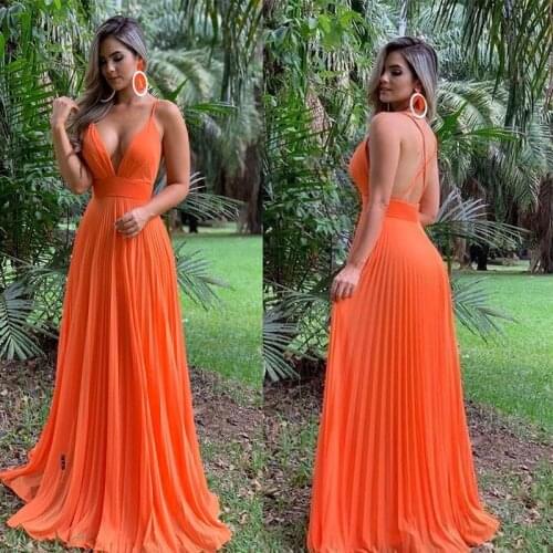 Gorgeous Simple Custom Made Coral V Neck Spaghetti Straps Pleated Chiffon Long Prom Dresses Evening Dresses