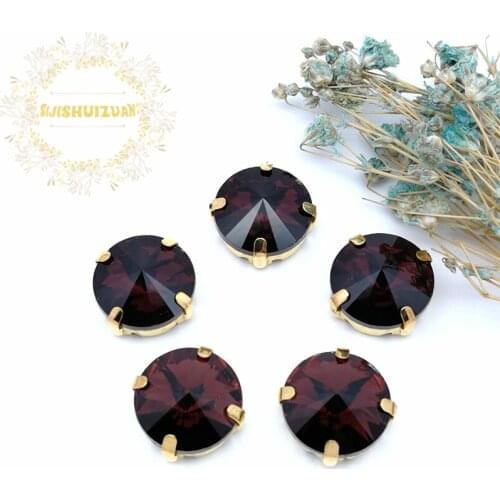 Wine red Round Glass Crystal sew on rhinestones with gold claw Diy wedding dress accessories Free shipping