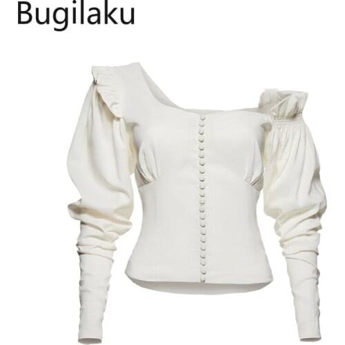 Bugilaku Autumn New White Shirts Women Asymmetry Ruffle Patchwork Long Sleeve Bare Shoulder Tops Pure Color Elegant Clothes