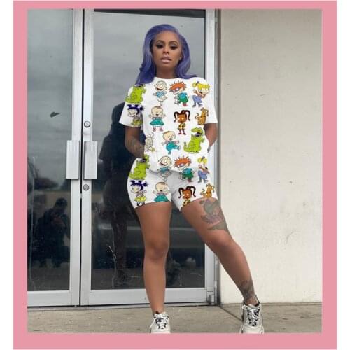 Womens Casual Print Cute Cartoon Tracksuit Home Sportswear Summer Top And Bikers Shorts 2 Piece Sets Plus Size Outfits Clothing