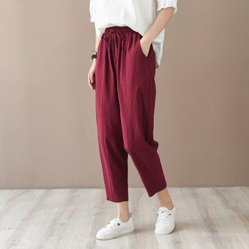 Women Summer Cotton Linen Elastic Waist Trousers Solid Color Pants Ladies Vintage Pants Female 2020