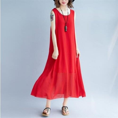 2020 Summer Pure Tank Dresses Women Fashion Sleeveless Boho Bohemian Beach Chiffon maxi Dress Plus Size M-7XL Vestidos Black red