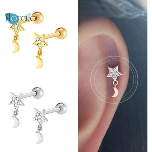 925 Silver Ear Needle Star Crystal Stud Earring For Women Minimalist Moon Pendant Gold Color Earrings Fine Jewelry Birthday Gift