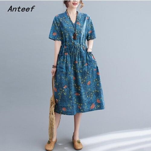 Short sleeve cotton vintage floral dresses for women casual loose woman summer dress elegant clothes 2021