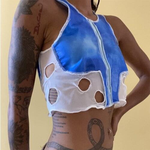 Womens Fashion Contrast Color Vest Sexy Round Neck Hollow Exposed Navel Sleeveless Tops