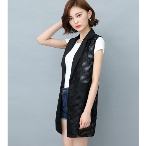 Plus size 4XL Spring Summer OL Women elegant office lady sleeveless vests jacket outwear casual Waist long Coat feminino Hollow