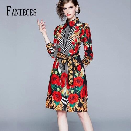 Womens Elegant Runway A-Line Shirt Dress Sashes Robe Femme fashion Floral Print Autumn Long Sleeve Mini Dress vestido de mulher