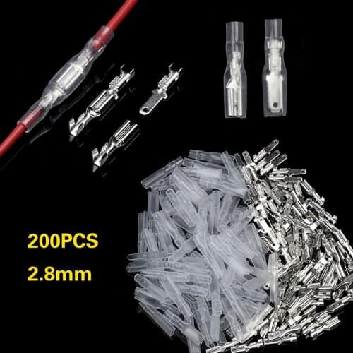 200Pcs 2.8mm Wire Connectors Assorted Kit Crimp Female Spade Terminals + Male Terminals + Transparent Insulating Sleeves