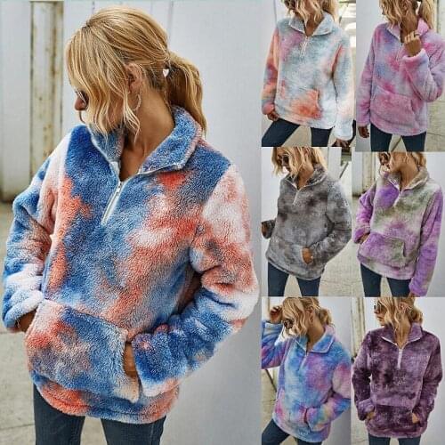 2021 New Winter Rainbow Tie Dye Teddy Coats and Jackets Women Streetwear Faux Fur Polar Fleece Plush Oversized Sweatshirt