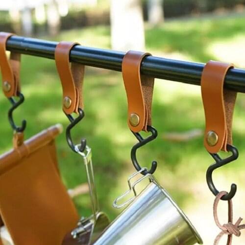 4pcs Outdoor PU Leather Hooks Camping Tripod Clothes Storage Portable Hiking 2x7cm Hanger Clothes Hook For Camp Supplies Durable