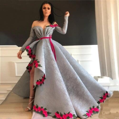 Asymmetrical Arabic Dubai Lace Prom Dresses Flowers Long Sleeves Evening Dress Formal Party Gowns vestido formatura 2021robes de