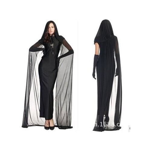 FREE PP Adult Lady Ghost Costume White Hooded Robe Sorceress Witch Wizard Fancy Dress