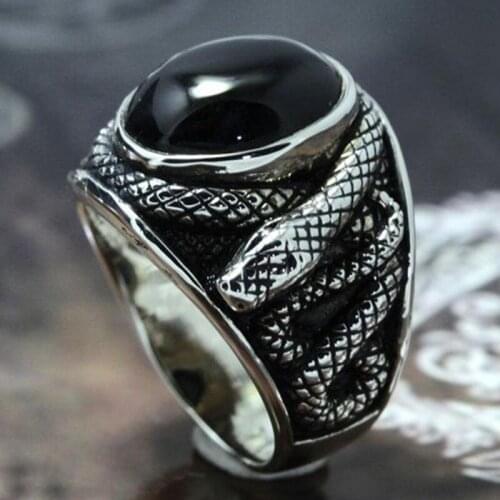 Bohemia Black Stone Snake Pattern Rings for Women Men Punk Vintage Silver Color Wide Male Female Ring Hip Hop Animal Jewelry