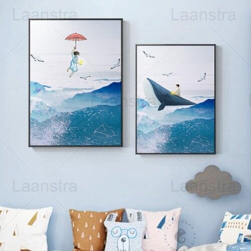 Home Decoration a Girl Holding a Light Under an Umbrella Painting Birds Whales Living Room Wall Canvas Posters Mountain Print