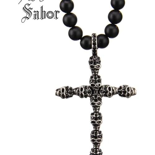 Matt Black Obsidian Beads & Skulls Cross Pendant Necklace Rebel Jewelry Gift For Women & Men N39 thomas