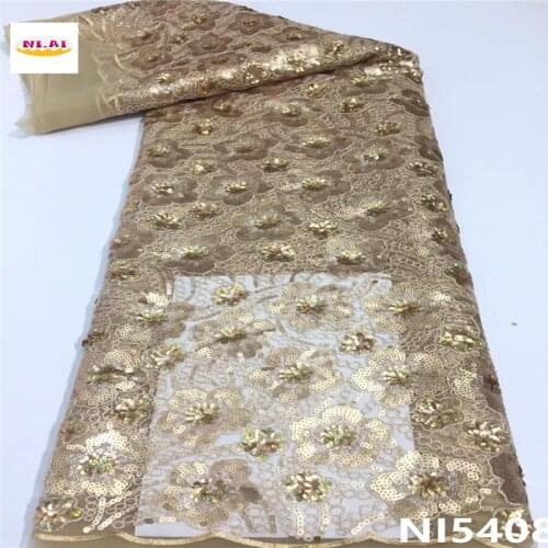 Gold 2021 New French Net Lace Fabric 5 Yards High Quality African Tulle Lace Fabric With Sequins For Nigerian Wedding NI5408-2