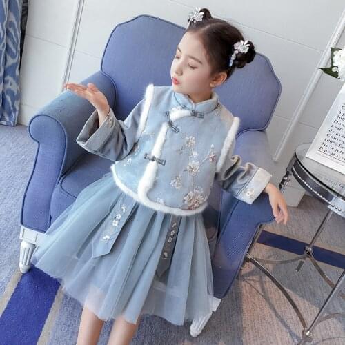 Girls Hanfu New Embroidery Long Sleeve Winter Dress Flower childrens wear New Years Wear Wedding Birthday Dress keep warm
