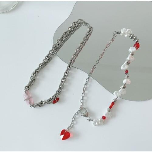 Origin Summer Statement Red Love Heart Simulation Pearl Pendant Necklace for Women Asymmetric Chunky Chain Necklace Jewelry