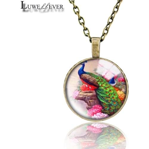 Peacock Necklace 656 25mm Bronze 30mm Wood Rhinestone Double-sided Moon Round Glass Pendant For Women Gift
