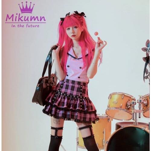 Japanese Harajuku Girls Purple Pink Plaid Pleated Skirt Punk Sweet Lace Kawaii Lolita Cake Mini Skirts Cosplay Costume