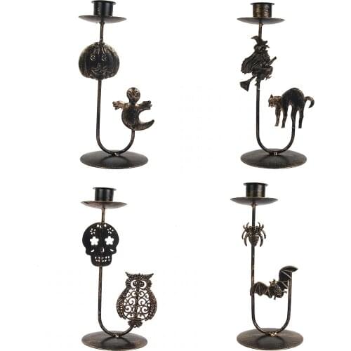 Pumpkin Ghost Witch Kitten Skull Owl Spider Bat Wrought Retro Iron Candle Holder For Garden Backyard Halloween High Quality