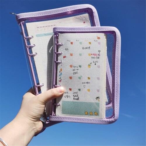 6-hole Transparent Waterproof Loose-leaf Notebook Cover Flashing Zipper Notebook Korean Stationery Diary Binder Clip Notebook