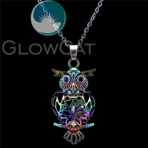 C132 Rainbow Color Owl Birds Beads Cage Essential Oil Diffuser Aroma Stone Pearl Cage Magnet Locket Necklace Women Party Gift