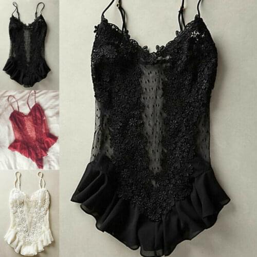 Sexy Women Sleeveless Floral Lace Ruffles See Through Slim Black/Wine Red/White Sling Bodysuits Babydoll Sleepwear Lingerie