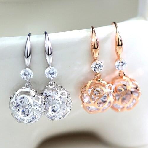 Fashion Chic Flower Crystal Zircon Diamonds Gemstones Drop Earrings for Women Girl Rose Gold & White Silver Color Jewelry Gifts