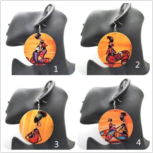 Printing African women wooden earrings can mixed 4 designs