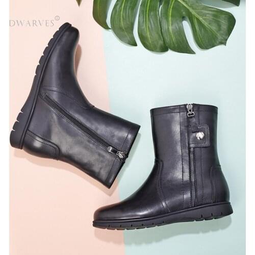 Womens Retro Leather Soft Mid Calf Boots for Winter classic Martin boots Black