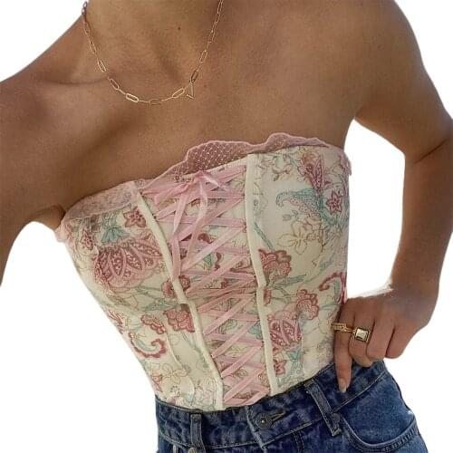 Floral Print Strapless Tube Top Womens Sexy Bustier Tops Vintage Floral Print Sleeveless Strapless Lace Up Boned Corset