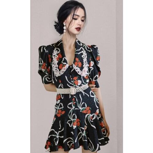Runway New Fashion Shirt Dress For Women 2021 Summer Designer Red Flower Print Lace Patchwork Elegant Beading Belt Dresses