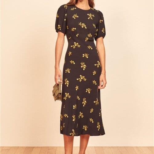 Floral Print Women O-Neck Slim Midi Dress 2021 Summer Puff Sleeve High Waist Ladies Prairie Chic Robe Holiday