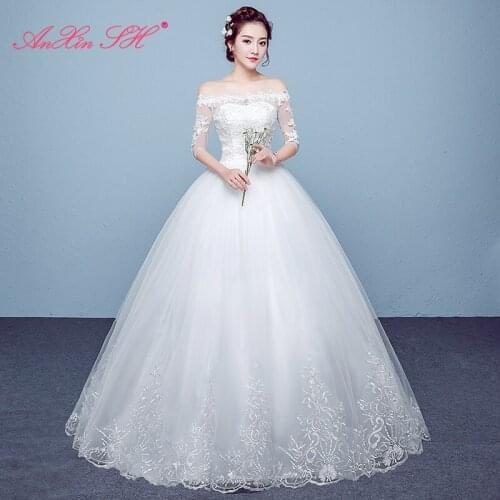 AXJFU princess flower lace bride wedding dress party vintage boat neck half sleeve ball gown white lace up wedding dress