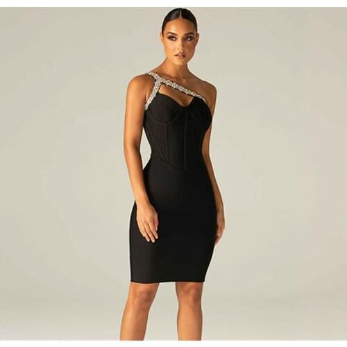 2021 Summer Diamonds Luxury Bandage Dress Diagonal Collar Sleeveless Bodycon Women Outfits New Fashion Black Party Club Dresses