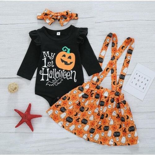 3pcs Baby Toddler Pumpkin Print Blouse Romper Suspender Skirt With Headband Halloween Outfit Photograph Props