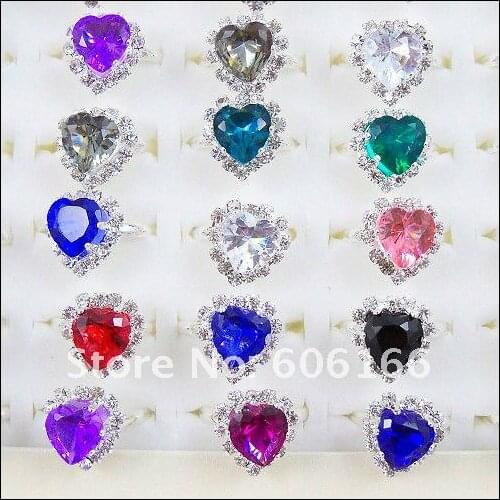 30pc/lot Multicolor Heart Shape with side stones Ring Rhinestone Rings Size Resizable Fashion Jewelry Copper Ring