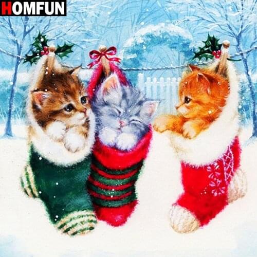 HOMFUN Full Square/Round Drill 5D DIY Diamond Painting "Christmas Sock Cat" 3D Diamond Embroidery Cross Stitch Home Decor