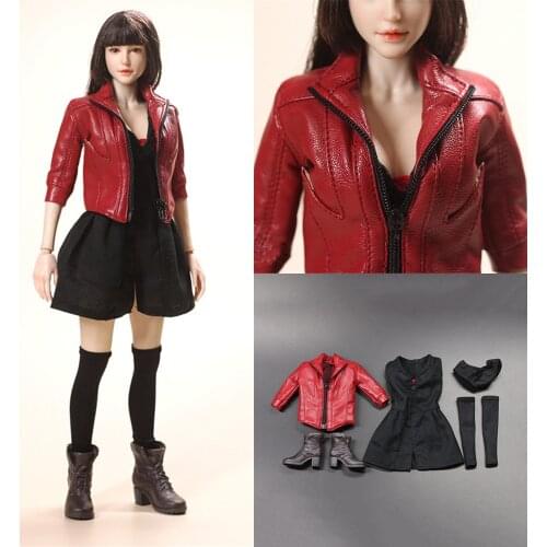 AS065 1/6 Female Clothes Trendy Red Leather Coat Stockings Shoes Dress Suit fit For Woman Action Figure Body
