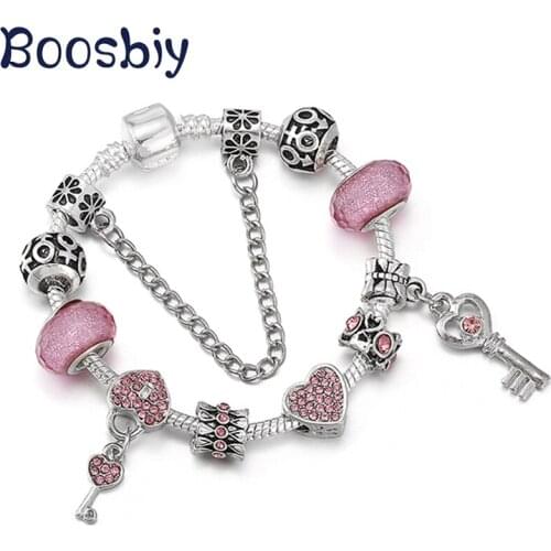 DIY Pink Crystal Key Charm Beads Fits Silver Plated Charm Bracelet For Women Romantic Femme Jewelry Gift Making