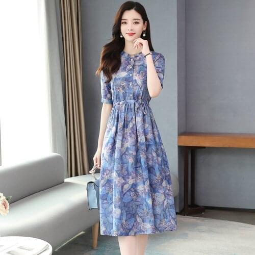Europe new womens printing dress and fashionable waist V-neck printed silk A-line skirt Dress summer