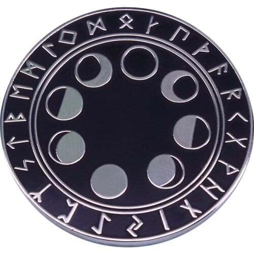 Moon Phase & Rune Badge Nordic Viking Pagan Reincarnation Pin Perfect for carrying a bit of magick with you throughout the day