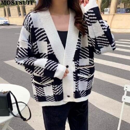 Plaid Knitted Cardigan Sweater Women Full Sleeve V-neck Single Breasted Jacket Tops Elegant Vintage Female Jumpers Femme 2021