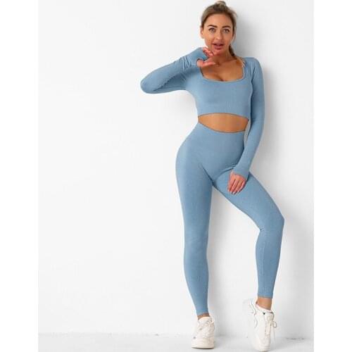 NORMOV Workout Women Sets Solid Square Collar Long Sleeve Tops And Seamless Push Up Pants Suit Spring Autumn Quick Dry Sets Slim