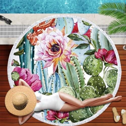 3D Printed Tropical Leaves Flower Beach Towel Cactus Green Plants Round Microfiber Beach Towels Decor Boho Style Bath Towels